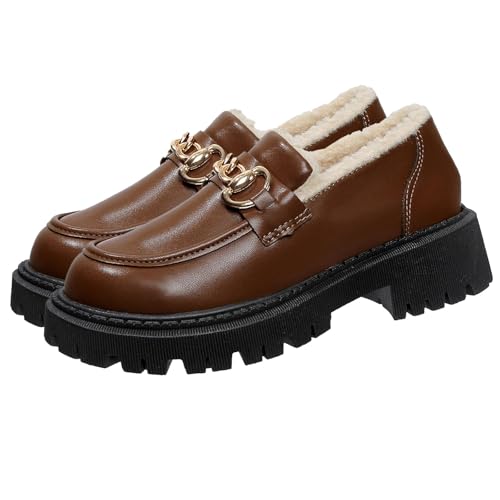 FJZFXKZL Damen-Loafer aus Leder mit Wollfutter und Dicker Sohle, Slip-On-Plateau-Loafer mit klobigem Absatz, warme(Brown,42 EU) von FJZFXKZL
