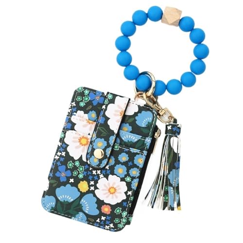 FJZFXKZL Damen-Schlüsselanhänger im Boho-Stil, mit Perlen und Quasten verziert, mit Blumenmuster, Geldbörse, Armband, Geldbörse, Damen-Kreditkartenetui(Dark Blue) von FJZFXKZL