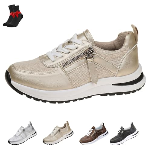 FJZFXKZL Damen-Tennisschuhe mit Reißverschluss und Plateau, Keil-Sneakers, Damen-Tennisschuhe mit Reißverschluss(Gold,37 EU) von FJZFXKZL