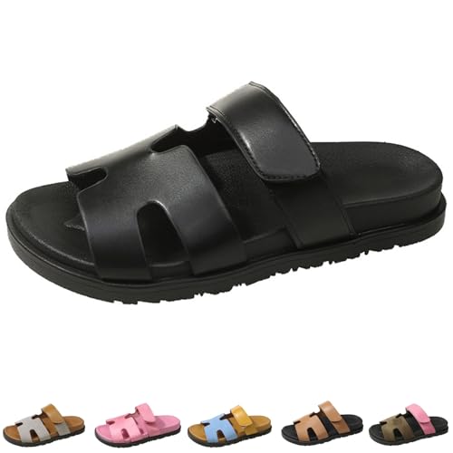 FJZFXKZL Damenmode Flache Slide-Sandalen Sommer Verstellbarer Riemen Offene Zehen Leder Strandsandalen(B,40 EU) von FJZFXKZL