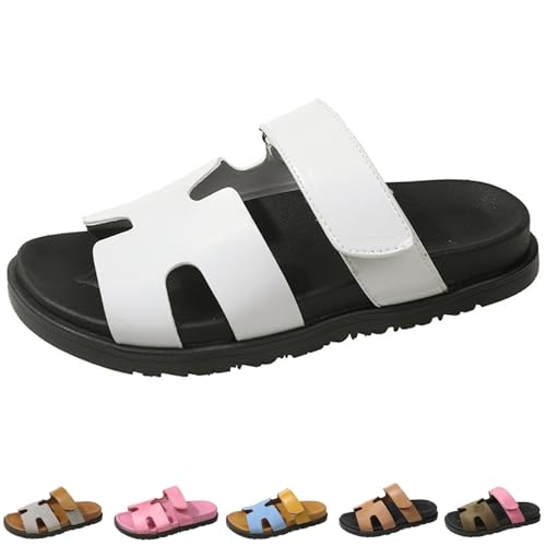 FJZFXKZL Damenmode Flache Slide-Sandalen Sommer Verstellbarer Riemen Offene Zehen Leder Strandsandalen(G,36 EU) von FJZFXKZL