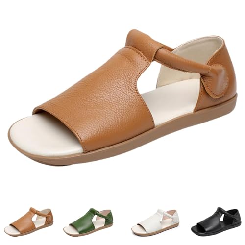 FJZFXKZL Flache Sandalen aus Leder for Damen mit runder, offener Spitze, bequeme, weiche Sohle, rutschfeste Strand-Wanderschuhe(Brown,38 EU) von FJZFXKZL