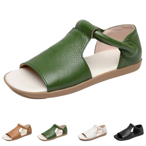 FJZFXKZL Flache Sandalen aus Leder for Damen mit runder, offener Spitze, bequeme, weiche Sohle, rutschfeste Strand-Wanderschuhe(Green,36 EU) von FJZFXKZL
