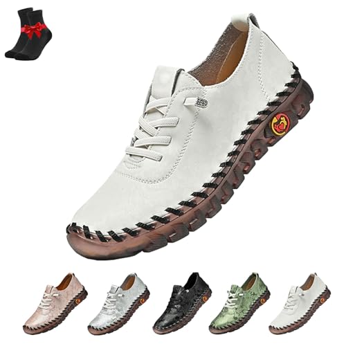 FJZFXKZL Flache Slipper aus Leder for Damen mit weicher Sohle, weiche, Bequeme orthopädische Leder-Sneakers for Damen(White,40 EU) von FJZFXKZL