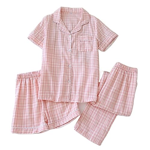 FJZFXKZL Frühling Und Sommer Neue Frauen Pyjamas DREI-stück Set Kurze Ärmel + Shorts + Hosen 100% Baumwolle Gaze Damen Hause Set (Color : A, Size : XL) von FJZFXKZL
