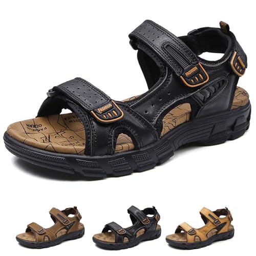FJZFXKZL Herren-Sportsandalen mit offener Spitze, Bequeme Wandersandalen aus Leder, rutschfeste, verstellbare Freizeit-Wanderschuhe(Black,39 EU) von FJZFXKZL
