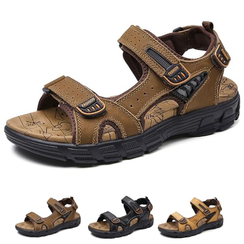 FJZFXKZL Herren-Sportsandalen mit offener Spitze, Bequeme Wandersandalen aus Leder, rutschfeste, verstellbare Freizeit-Wanderschuhe(Brown,38 EU) von FJZFXKZL