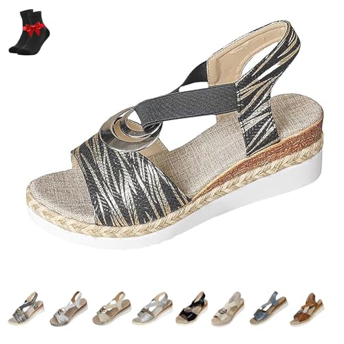 FJZFXKZL Orthopädische Sandalen aus Leder mit Plateau-Keilabsatz for Damen,bequeme Sandalen mit Knöchelriemen und Fischmaulschnalle(Black,40 EU) von FJZFXKZL