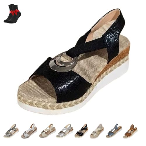 FJZFXKZL Orthopädische Sandalen aus Leder mit Plateau-Keilabsatz for Damen,bequeme Sandalen mit Knöchelriemen und Fischmaulschnalle(Black-A,43 EU) von FJZFXKZL
