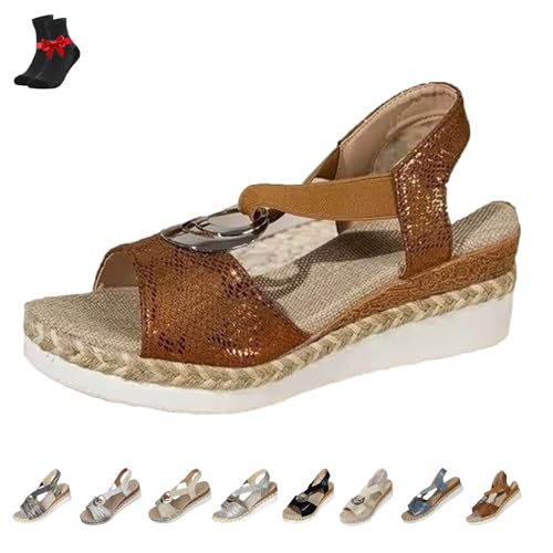 FJZFXKZL Orthopädische Sandalen aus Leder mit Plateau-Keilabsatz for Damen,bequeme Sandalen mit Knöchelriemen und Fischmaulschnalle(Brown-A,38 EU) von FJZFXKZL