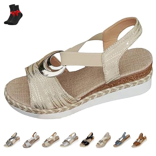 FJZFXKZL Orthopädische Sandalen aus Leder mit Plateau-Keilabsatz for Damen,bequeme Sandalen mit Knöchelriemen und Fischmaulschnalle(Gold,39 EU) von FJZFXKZL