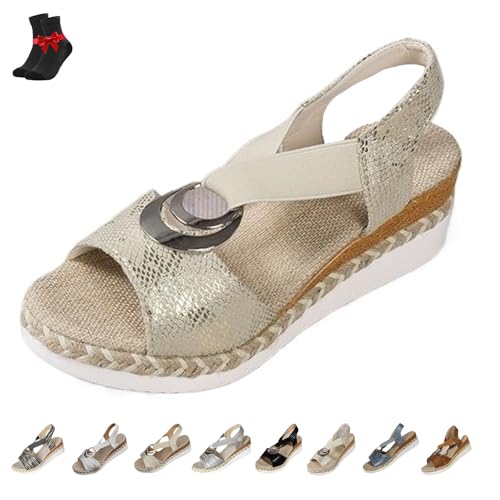 FJZFXKZL Orthopädische Sandalen aus Leder mit Plateau-Keilabsatz for Damen,bequeme Sandalen mit Knöchelriemen und Fischmaulschnalle(Gold-A,39 EU) von FJZFXKZL