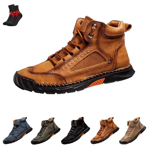 FJZFXKZL Sawbehind Herrenstiefel, Bequemer handgefertigter Lederstiefel for Herren,Breiter bequemer handgefertigter Lederstiefel(Brown,45 EU) von FJZFXKZL