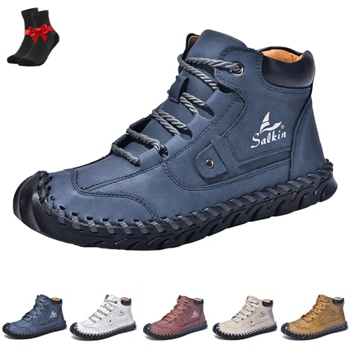 FJZFXKZL Sawbehind Lederstiefel for Herren, Bequeme handgefertigte Lederstiefel von Sawbehind for Herren, geräumige Zehenbox(Blue,40 EU) von FJZFXKZL