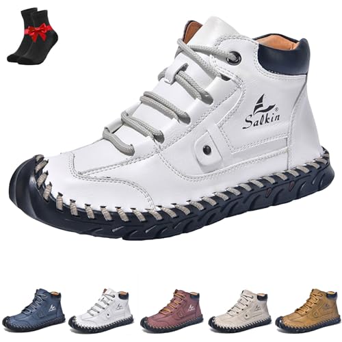 FJZFXKZL Sawbehind Lederstiefel for Herren, Bequeme handgefertigte Lederstiefel von Sawbehind for Herren, geräumige Zehenbox(White,40 EU) von FJZFXKZL