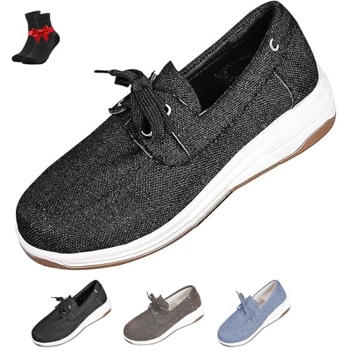 FJZFXKZL Slipper aus Canvas for Damen, orthopädische Flache Schnürschuhe for Damen, Slipper-Sneakers, Loafer, Stoffschuhe(Black,39 EU) von FJZFXKZL