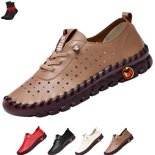 FJZFXKZL Weiche Loafer aus Leder for Damen, Flache Schuhe aus Leder mit weicher Sohle, handgefertigt, lässig, leichte Schuhe(Brown,39 EU) von FJZFXKZL