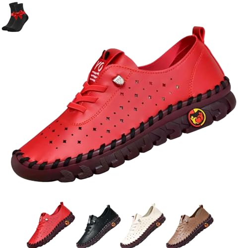 FJZFXKZL Weiche Loafer aus Leder for Damen, Flache Schuhe aus Leder mit weicher Sohle, handgefertigt, lässig, leichte Schuhe(Red,37 EU) von FJZFXKZL