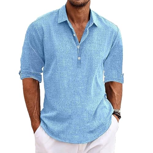 Marco Luca Klassisches Hemd, Ffmani Shirts Herren Leinenhemden mit Knopfleiste und Revers, lässiges Sommer-/Strandhemd(Blue,2XL) von FJZFXKZL