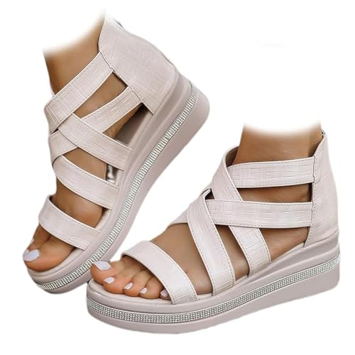 Orthopädische Keilsandalen for Damen, Gladiator-Sandalen mit Strass-Plateau und bequemer Sandale mit Fußgewölbeunterstützung(Beige,38 EU) von FJZFXKZL