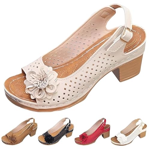 Sandalen mit Schnalle und quadratischem Absatz for Damen, niedrige Slingback-Sandalen mit Peep-Toe und dickem Absatz, Keilabsatz(Beige,41 EU) von FJZFXKZL