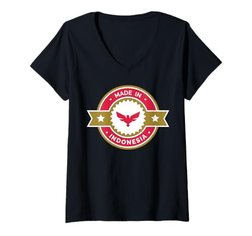 Damen Made in Indonesia Logo mit rotem Garuda T-Shirt mit V-Ausschnitt von InDO FK2012