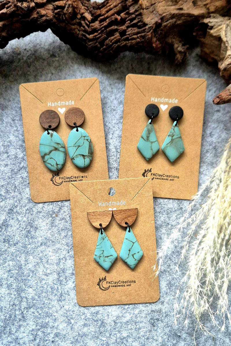 Polymer Clay Ohrringe "Türkis "/ Ton Ohrringe/ Leichte Ohrringe/Hängeohrringe/ Holzstecker/ Edelstahl/ Nickelfrei von FKClayCreations