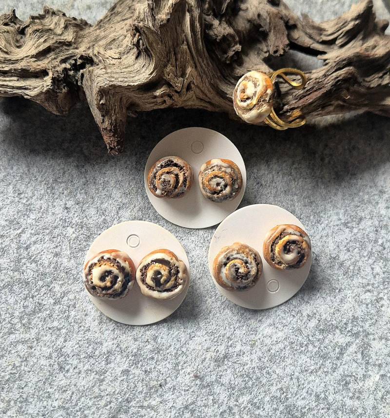 Polymer Clay Ohrstecker Kollektion "Food"/ Zimt Ohrstecker/ Handgearbeitete Zimtschnecken Und Ring/ Edelstahl/ Nickelfrei von FKClayCreations