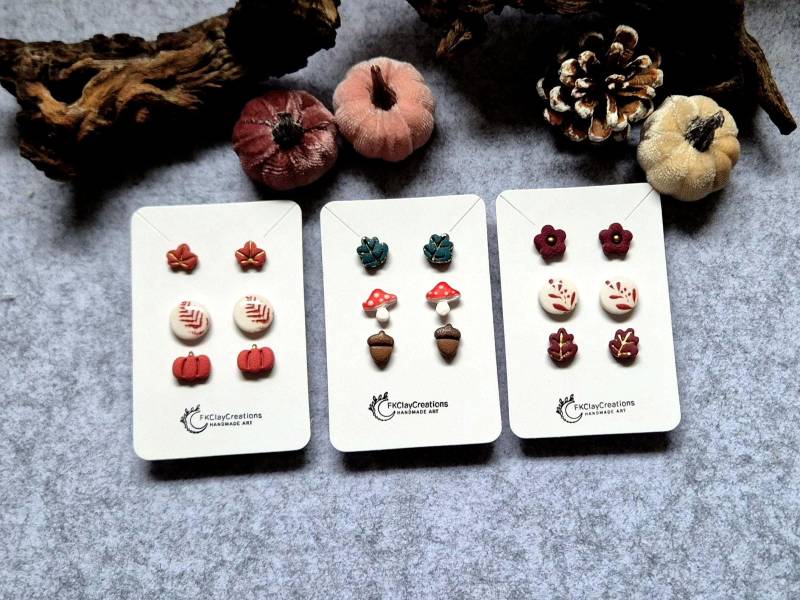 Polymer Clay Ohrstecker Set Herbst, Polymerton Ohrstecker, Handgearbeitete Aus Ton, Weinrote von FKClayCreations