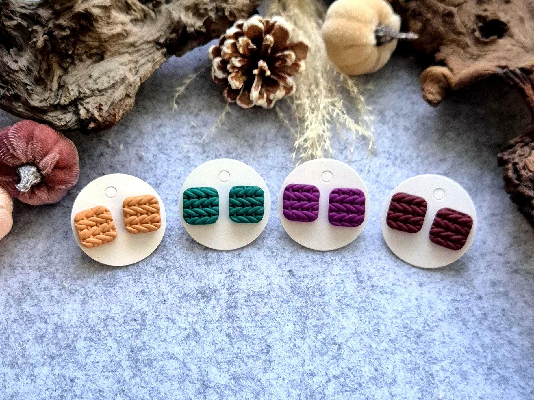 Polymer Clay Ohrstecker Strick Square/ Herbstliche Polymerton Ohrstecker/ Herbst Viereckige Edelstahl/ Nickelfrei von FKClayCreations