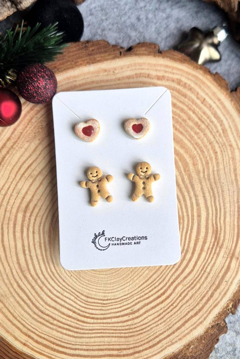 Weihnachts Ohrstecker Set Aus Polymer Clay, 2 Paar Ohrstecker, Kekse Und Lebkuchenmann Handgearbeitet, Edelstahl, Nickelfrei von FKClayCreations