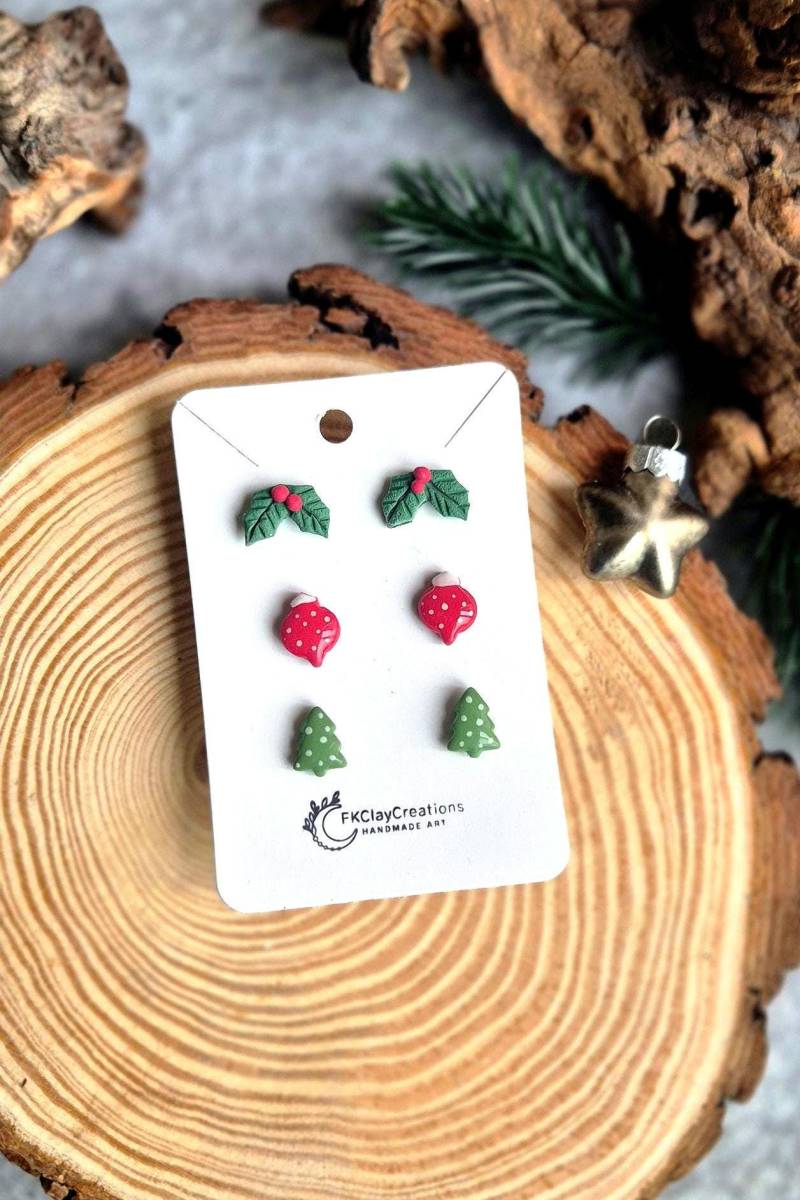 Weihnachts Ohrstecker Set Aus Polymerton, 3 Paar Ohrstecker, Handgearbeitet Polymer Clay, Edelstahl, Nickelfrei von FKClayCreations