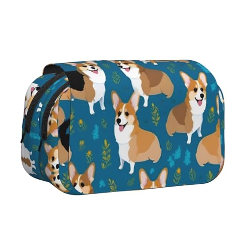 Corgi-Druck-Doppel-Klapp-Federmäppchen, Reißverschlusstaschen, großes Fassungsvermögen für Kunstbedarf und Reisen von FKGKDF