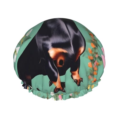 Dackel Blumendruck wiederverwendbare Duschhauben für Frauen, Doppel Schicht Haarkappe, Erwachsene Haarmütze für alle Haare von FKGKDF