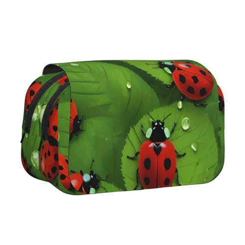 Doppel-Klapp-Federmäppchen mit Blätter- und Marienkäfer-Aufdruck, Reißverschlusstaschen, großes Fassungsvermögen für Kunstbedarf und Reisen von FKGKDF