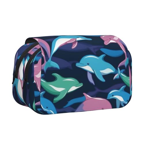 Doppel-Klappetui mit Delfindruck, Reißverschlusstaschen, großes Fassungsvermögen für Kunstbedarf und Reisen von FKGKDF