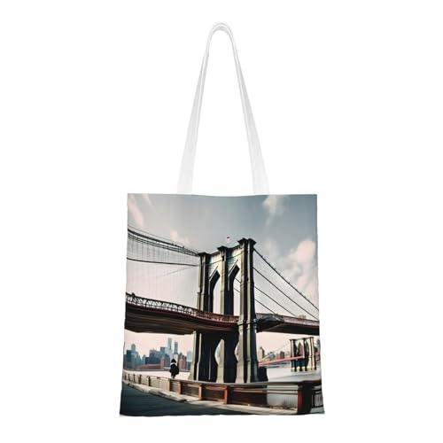 FKGKDF Brooklyn Bridge S Print Polyester Canvas Tote Bag Shopping Bag With Reinforced Handles, Reusable von FKGKDF