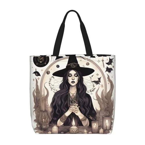 FKGKDF Magic Witch Witchcraft Bohemian Drawing Print Tote Bags, Large Capacity Zipper Shoulder Bag, For Shopping, Work, Daily von FKGKDF