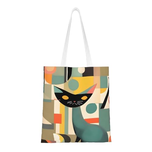 FKGKDF Mid-Century Moderne Kunst Katze Druck Polyester Canvas Tote Bag Einkaufstasche mit verstärkten Griffen, wiederverwendbar von FKGKDF