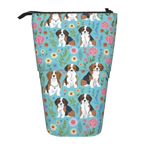 FKGKDF Sweet Basset Hound Florals Print Stehende Bleistifttasche, Teleskop-Bleistifttasche, tragbar für Büro von FKGKDF