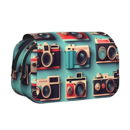 Federmäppchen, Retro-Kamera-Kollektion, bedruckt, Doppel-Klappetui, Reißverschlusstaschen, große Kapazität für Kunstbedarf und Reisen von FKGKDF
