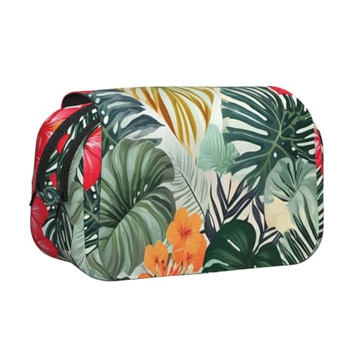 Federmäppchen mit Blättern und Hibiskusdruck, Doppel-Klappetui, Reißverschlusstaschen, großes Fassungsvermögen für Kunstbedarf und Reisen von FKGKDF
