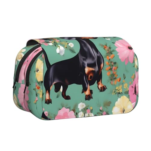 Federmäppchen mit Dackel-Blumendruck, doppeltes Klapp-Federmäppchen, Reißverschlusstaschen, großes Fassungsvermögen für Kunstbedarf und Reisen von FKGKDF
