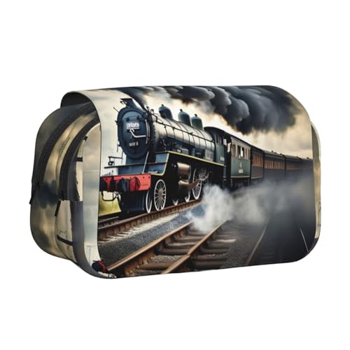 Federmäppchen mit Dampfzug-Wolken-Druck, Doppel-Klappetui, Reißverschlusstaschen, großes Fassungsvermögen für Kunstbedarf und Reisen von FKGKDF