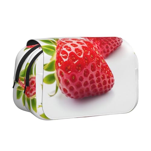 Federmäppchen mit Erdbeerdruck, Doppel-Klappetui, Reißverschlusstaschen, großes Fassungsvermögen für Kunstbedarf und Reisen von FKGKDF