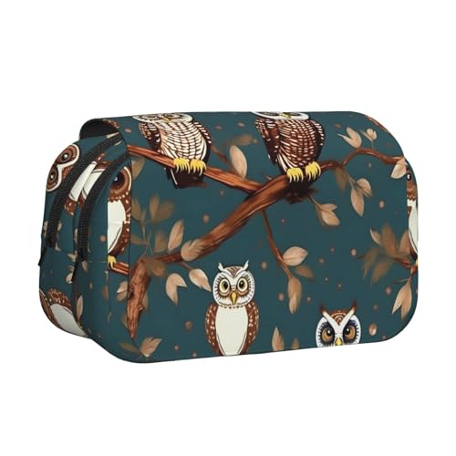 Federmäppchen mit Eulen auf Baumzweigen, doppeltes Klappetui, Reißverschlusstaschen, großes Fassungsvermögen für Kunstbedarf und Reisen von FKGKDF