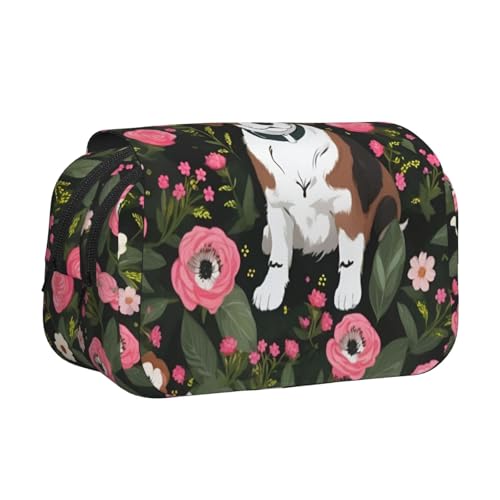Federmäppchen mit Hunde- und Blumendruck, doppeltes Klappetui, Reißverschlusstaschen, großes Fassungsvermögen für Kunstbedarf und Reisen von FKGKDF