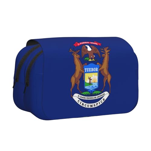 Federmäppchen mit Michigan-Staatsflaggen-Druck, Doppel-Klappetui, Reißverschlusstaschen, großes Fassungsvermögen für Kunstbedarf und Reisen von FKGKDF