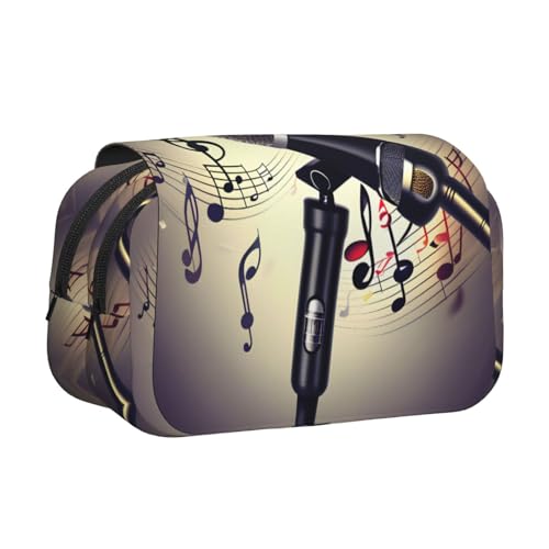 Federmäppchen mit Mikrofon mit Musiknoten-Druck, Doppel-Klappetui, Reißverschlusstaschen, großes Fassungsvermögen für Kunstbedarf und Reisen von FKGKDF