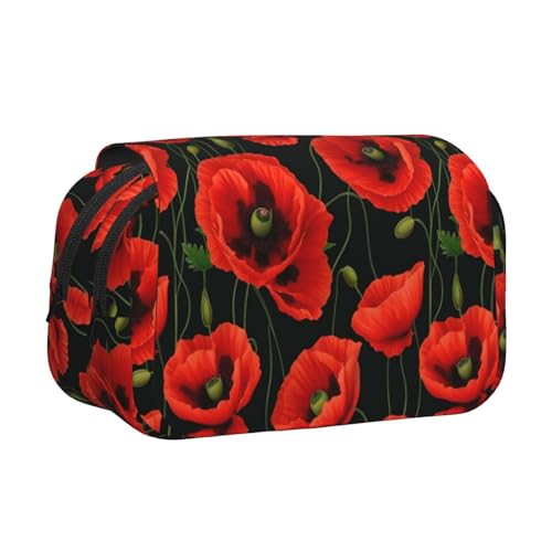 Federmäppchen mit Mohnblumen-Druck, doppeltes Klappetui, Reißverschlusstaschen, großes Fassungsvermögen für Kunstbedarf und Reisen von FKGKDF